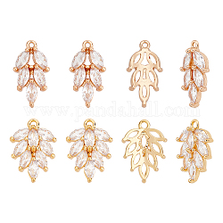 ARRICRAFT 8Pcs 2 Style Brass Micro Pave Clear Cubic Zirconia Pendants, Leaf, Golden, 16x7x4mm and 15.5x11.5x4mm, 4pcs/style