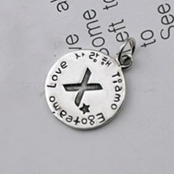 Thai Sterling Silver Pendants, Flat Round with Letter.X, Thai Sterling Silver Plated