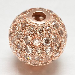 CZ Brass Micro Pave Cubic Zirconia Round Beads, Rose Gold, 8mm, Hole: 2mm