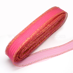 Ruban maille, Filet en plastique, avec or cordon métallique, rose foncé, 7 cm, 25 yards / botte
