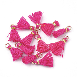 Polycotton(Polyester Cotton) Tassel Pendant Decorations, Mini Tassel, with Iron Findings and Metallic Cord, Light Gold, Deep Pink, 10~15x2~3mm, Hole: 1.5mm