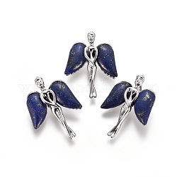 Pendentifs en lapis lazuli naturel, avec les accessoires en laiton de tonalité de platine, ange, 34x23x8mm, Trou: 5x3mm
