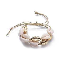 Set di braccialetti di perline intrecciati in cordoncino di cotone cerato regolabile, con perline di conchiglia di ciprea elettrodeposta e perline di conchiglia di ciprea naturale, bianco, oro, 3~9cm, 2 pc / set