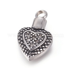 Retro 304 Stainless Steel Pendants, with Rhinestone, Perfume Bottle, Heart, Antique Silver, 27x16x6.5mm, Hole: 4mm