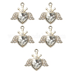 Colgantes de aleación de Diamante de imitación, corazón en tono dorado claro con colgantes de alas, cristal, 21.5x22.5x5.5mm, agujero: 2 mm