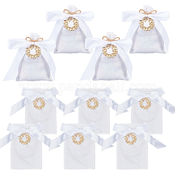 Rectangle Polyester Bags Drawstring Pouches, with Satin Ribbon and Golden Tone Alloy Leaf Pendants, White, 14.7x10x0.5cm