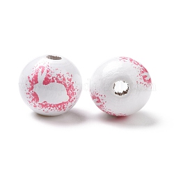 Perles européennes en bois imprimé sur le thème de Pâques, Perles avec un grand trou   , rond avec motif lapin, camélia, 16x14.5mm, Trou: 4mm