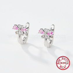 Rhodium Plated Platinum Plated 925 Sterling Silver Hoop Earrings, Cubic Zirconia Butterfly Earrings, with 925 Stamp, Pink, 10x8mm