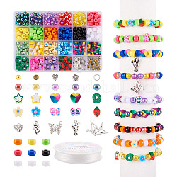 Kit de fabrication de bracelets de fruits bricolage, y compris les perles et pendentifs en pâte polymère et alliage, Perles acryliques, étoile & coeur & papillon & fraise & fleur, couleur mixte, perles: 455 pcs / sac