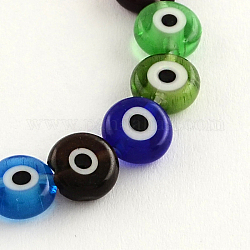 Flache runde handgemachte Glasperlen bösen Blick, Mischfarbe, 7~8x3.5 mm, Bohrung: 1 mm, ca. 48 Stk. / Strang, 14.1 Zoll