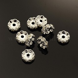 Abalorios de latón Diamante de imitación espaciador, Grado A, borde ondulado, color plateado, rerondana plana, cristal, 10x4mm, agujero: 2 mm