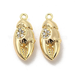 Brass Micro Pave Clear Cubic Zirconia Pendants, Crab Claw Charms, Real 18K Gold Plated, 19x8x5mm, Hole: 1.4mm