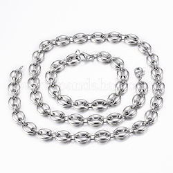 201 Stainless Steel Jewelry Sets, Coffee Bean Chain Necklaces and Bracelets, with Lobster Claw Clasps, Oval, Stainless Steel Color, 23.6 inch(60cm)