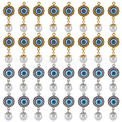 Colgantes de resina de aleación de 32 colores pandahall elite 2pcs con perla de plástico, redondo plano con patrón de mal de ojo, plata antigua y oro antiguo, 39mm, agujero: 2 mm, 16 piezas / color