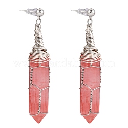 Boucles d'oreilles pendantes à double pointe en verre de quartz cerise, bijoux en pierres précieuses enroulées de fil pour femmes, 60mm, pin: 0.7 mm