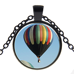 Bild Glas Anhänger Halsketten, mit Leichtmetallketten, flach rund mit Muster, Ballon, Himmelblau, Metallgrau, 18 Zoll (45 cm)