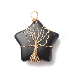 Natural Obsidian Pendants, with Golden Tone Copper Wire Wrapped, Star with Tree, 36x30x12mm, Hole: 3.5mm