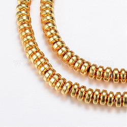 Electroplate Non-magnetic Synthetic Hematite Bead Strands, Rondelle, Golden Plated, 6x3mm, Hole: 1mm, about 125~133pcs/strand, 15.7 inch