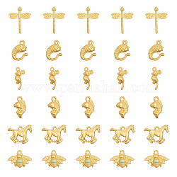 CHGCRAFT 30Pcs 6 Styles Alloy Pendants, Bird & Dragonfly & Horse & Bee & Goldfish Charms, Matte Gold Color, 14.5~21.5x8.5~18.5x3~5.5mm, Hole: 1.2~2mm, about 5pcs/style