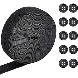 BENECREAT 1 Roll(9m) 25mm Flat Elastic Bands with Buttonhole, 10Pcs 4-Hole Flat Round Resin Buttons, Dyed, Webbing Garment Sewing Accessories, Black, Button: 15x2.5mm, Hole: 2mm, 10pcs, Flat Elastic Cord: 25mm wide, about 9m/roll, 1roll