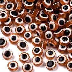 Abalorios de resina, plano y redondo, mal de ojo, chocolate, 10~11x5~7mm, agujero: 2 mm