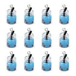Glass Bottle Pendants, with Resin Inside and Iron Findings, Imitation Bubble Tea/Boba Milk Tea, Sky Blue, 20~25x11~14x11mm, Hole: 1.8mm