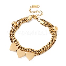 Bracelet multi-rangs en couches à double chaîne et perles en forme de cœur, placage ionique (ip) 304 bijoux en acier inoxydable pour femmes, or, 7-1/8 pouce (18.2 cm)