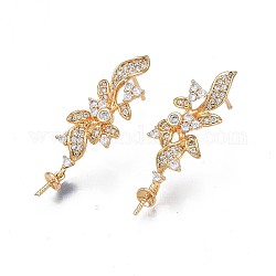Brass Micro Pave Clear Cubic Zirconia Stud Earring Findings, for Half Drilled Beads, Nickel Free, Flower, Golden, 29.5x9.5mm, Pin: 0.7mm, Pin: 0.7mm(For Half Drilled Beads)