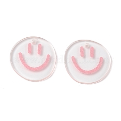 Pendentifs acryliques imprimés transparents, plat rond avec breloque visage souriant, rose, 20.5~21x20~21x2mm, Trou: 1.6mm