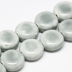 Perles en porcelaine manuelles, porcelaine émaillée lumineux, plat rond, gris clair, 10.5~11x6~6.5mm, Trou: 1.5mm