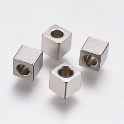 Abalorios de 304 acero inoxidable, cubo, color acero inoxidable, 4x4x4mm, agujero: 2 mm