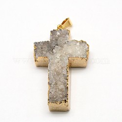 Electroplate Rough Gemstone Natural Drusy Crystal Pendants, with Brass Findings, Golden Plated, Cross, Dyed, Light Grey, 48~60x32~40x5~20mm, Hole: 4x9mm