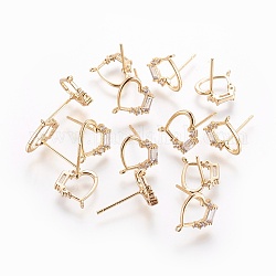 Brass Stud Earring Findings, with Loop, Cubic Zirconia, Heart, Nickel Free, Real 18K Gold Plated, 11x11mm, Hole: 0.8mm, Pin: 0.7mm