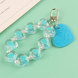 Porte-clés pendentifs en similicuir, avec des perles en résine et les accessoires en alliage, coeur avec le mot, bleu profond du ciel, coeur: 3x3.8cm
