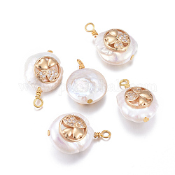 Pendentifs de perles d'eau douce de culture naturelle, avec accessoires zircon cubique micro pave en laiton, pépites au trèfle, or, clair, 17~26x11~16x5~11mm, Trou: 1.6~2mm