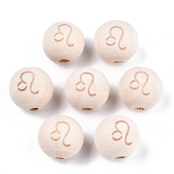 Perles européennes en bois naturel non fini, Perles avec un grand trou   , motif gravé au laser, rond avec constellation, leo, 15~16x14~15mm, Trou: 4mm