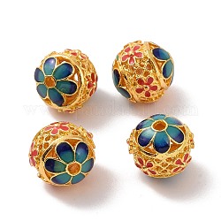 Hohl Legierung Perlen, mit Emaille, Runde mit Blume, mattgoldene Farbe, rot, 14 mm, Bohrung: 2 mm