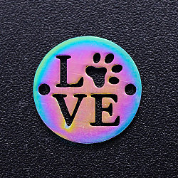 Ion Plating(IP) 201 Stainless Steel Pet Links, Flat Round with Word Love, Rainbow Color, 12x1mm, Hole: 1.2mm