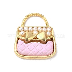 Alloy Enamel Charms, with ABS Plastic Imitation Pearl Beads, Cadmium Free & Nickel Free & Lead Free, Golden, Handbag with Bowknot Charm, Pearl Pink, 18.5x16x4.5mm, Hole: 4.5x8mm
