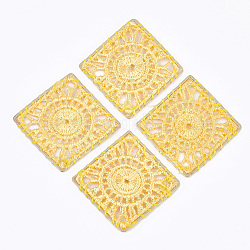 Anhänger aus Polycotton (Polyester-Baumwolle), mit Messing-Zubehör, Quadrat mit Flachrund, Licht Gold, golden, 30x30x1 mm