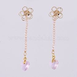 Stud Earrings, with Heart Glass Charms, Rondelle Glass Beads, Iron Stud Earring Findings, Brass Wire Beads & Ear Nuts, Pearl Pink, 64mm, Pendant: 14x10x5.9mm, Pin: 0.6mm