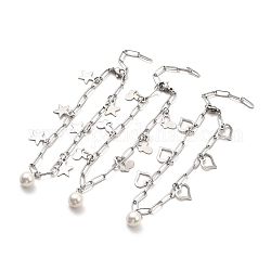 CCB Pearl & 304 Stainless Steel Charm Bracelet with Paperclip Chains for Women, Stainless Steel Color, Mixed Patterns, Pendant: 8~11.5x10~12x0.6~0.7mm, 9-1/4 inch(23.5cm)