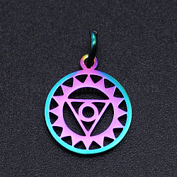 Chakra Theme Ion Plating(IP) 201 Stainless Steel Charms, Laser Cut Pendants, with Jump Rings, Flat Round, Rainbow Color, Vishuddha, 13.5x11.5x1mm, Hole: 3mm