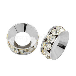 Perline distanziatori strass in ottone, grado a, rondelle, colore argento placcato, cirstallo, 12x5mm