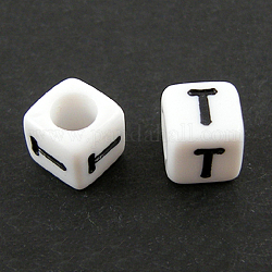 Perles européennes de lettre en acrylique, trou horizontal, cube, letter.t, 10x10x10mm, Trou: 3.5~4mm, environ 598 pcs/500 g