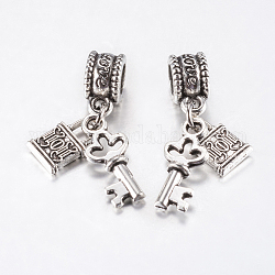 Ciondoli pendenti europei in lega di stile tibetano, Ciondoli di grandi dimensioni, chiave con serratura, argento antico, 28mm, ciondoli:11~16.5x7x2~3.5mm, Foro: 4.5 mm