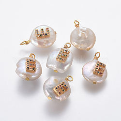 Colgantes naturales de perlas cultivadas de agua dulce, con micro latón allanar fornituras de circonio cúbico, plano y redondo con la letra, colorido, dorado, letter.e, 16~19x11~12x6~8mm, agujero: 1.8 mm