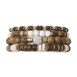 Ensemble de bracelets extensibles en perles de lave naturelles, 4 styles, ronds et disques de noix de coco, 4 pièce, bracelets empilables, brun coco, diamètre intérieur: 2-1/8~2-1/4 pouce (5.45~5.7 cm), 1pc / style