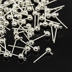 Brass Ball Post Ear Studs, with Loop, Silver, 16~17mm long, Hole: about 1.5mm, Pin: 0.7mm