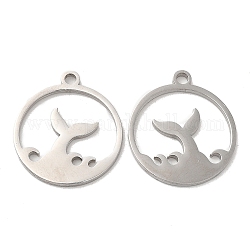 304 Stainless Steel Pendants, Flat Round with Fishtail Charm, Stainless Steel Color, 20x17.5x1.5mm, Hole: 1.8mm